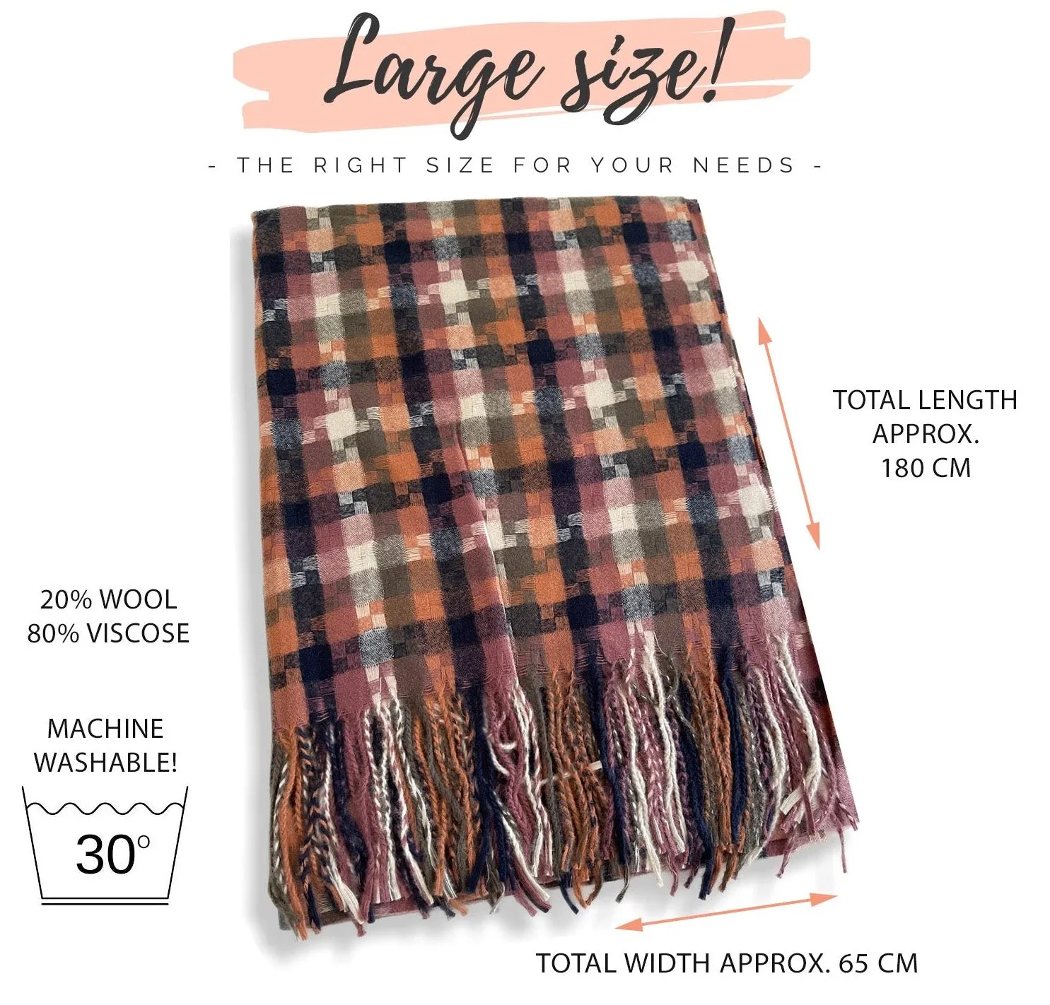 LONG PINK MULTICOLOUR WOOL MIX CHECKED TARTAN SCARF