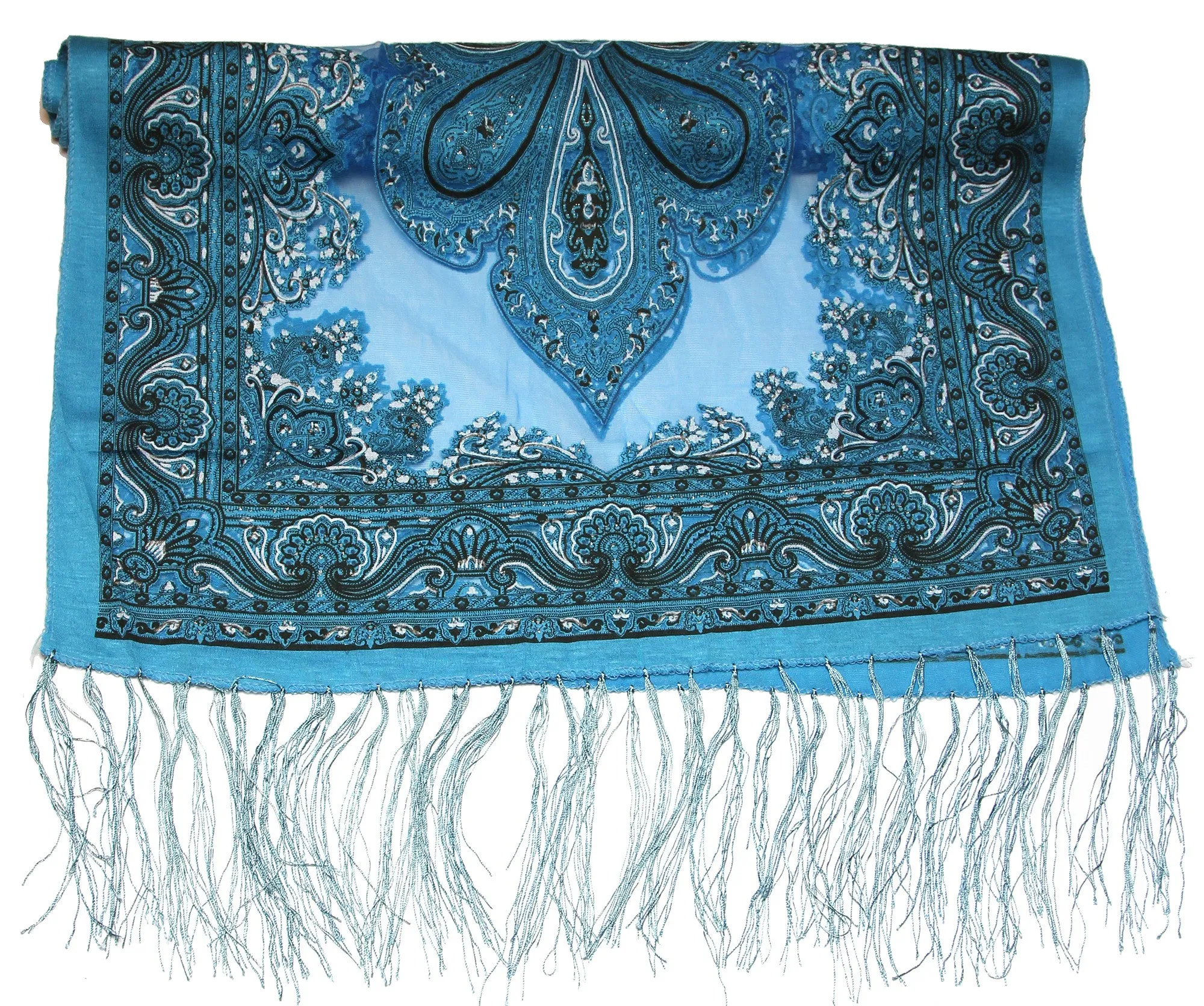 Lovely Hand Made Thai Floral Scarf Shawl Blue