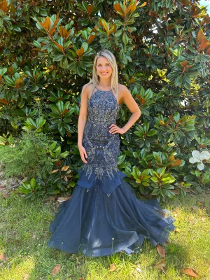 Lucci Lu 2134 Navy Lace Tulle Beaded Mermaid Dress