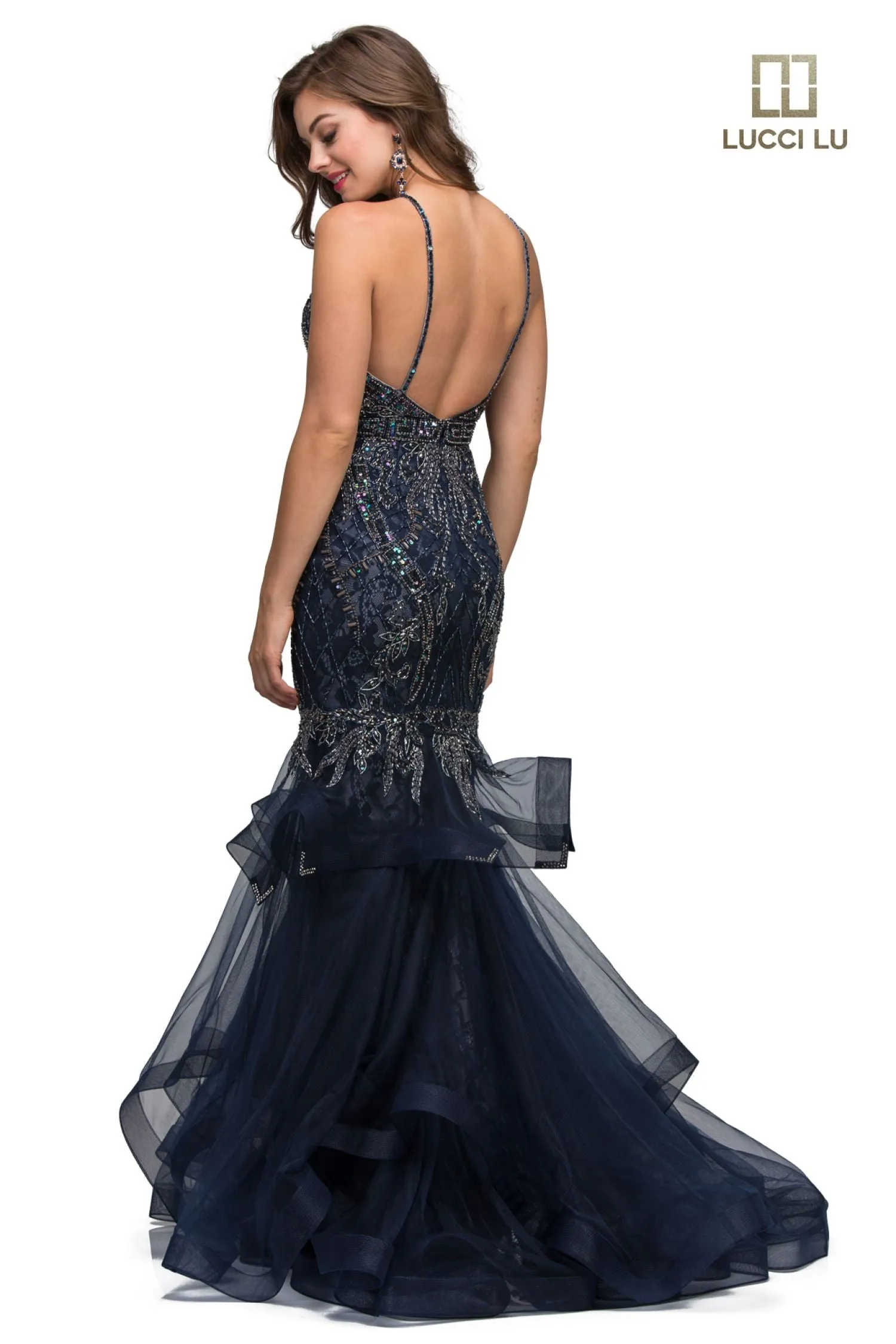 Lucci Lu 2134 Navy Lace Tulle Beaded Mermaid Dress