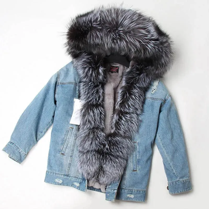 Maomaokong natural rabbit fur lined denim jacket fox fur coat fashion denim coat fox fur warm lady winter jacket women parka