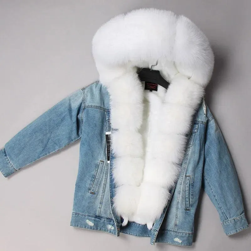 Maomaokong natural rabbit fur lined denim jacket fox fur coat fashion denim coat fox fur warm lady winter jacket women parka