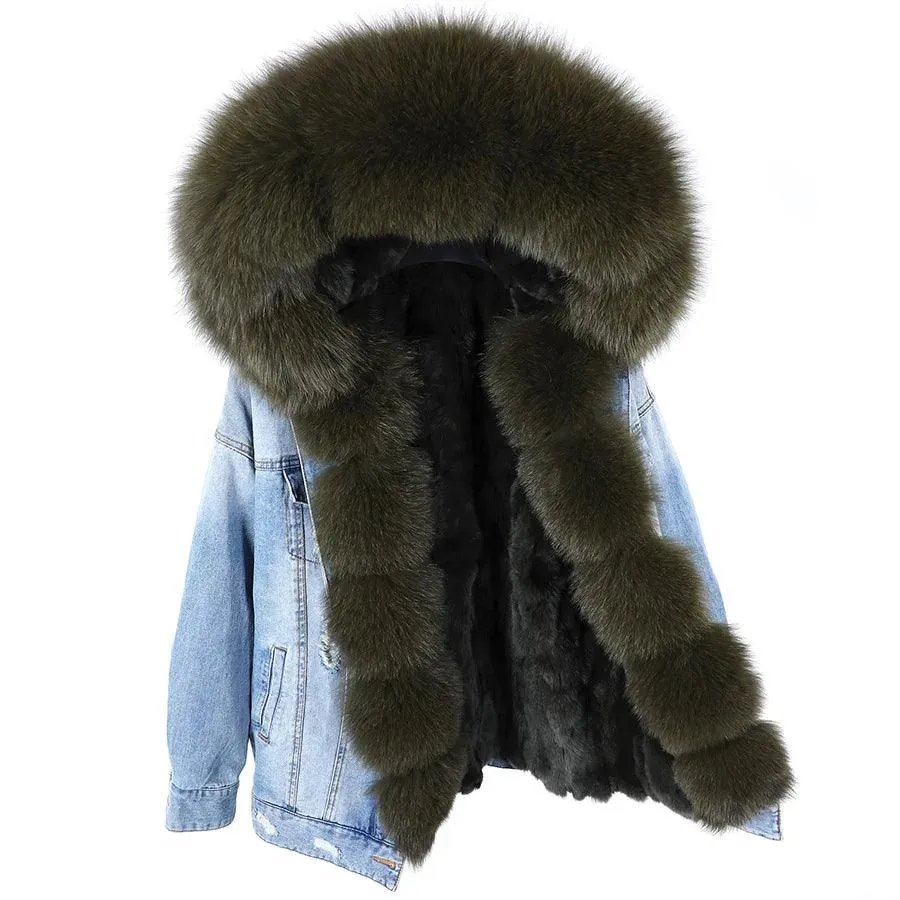 Maomaokong natural rabbit fur lined denim jacket fox fur coat fashion denim coat fox fur warm lady winter jacket women parka