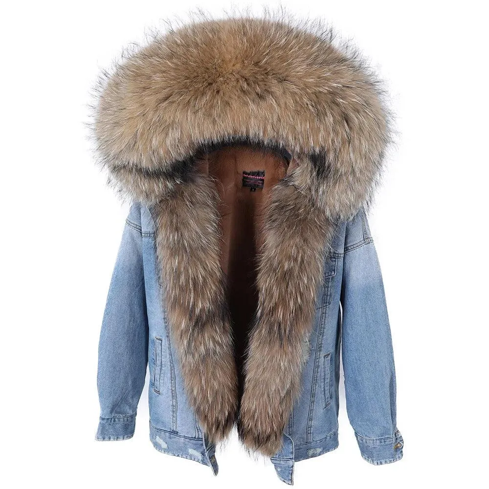 Maomaokong natural rabbit fur lined denim jacket fox fur coat fashion denim coat fox fur warm lady winter jacket women parka