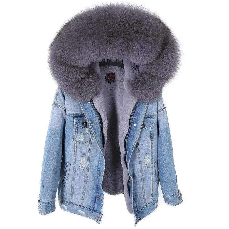 Maomaokong natural rabbit fur lined denim jacket fox fur coat fashion denim coat fox fur warm lady winter jacket women parka