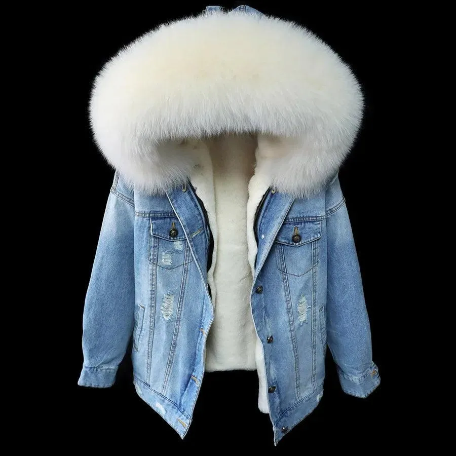 Maomaokong natural rabbit fur lined denim jacket fox fur coat fashion denim coat fox fur warm lady winter jacket women parka