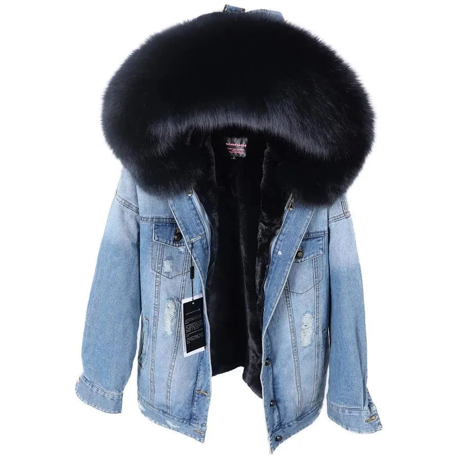 Maomaokong natural rabbit fur lined denim jacket fox fur coat fashion denim coat fox fur warm lady winter jacket women parka