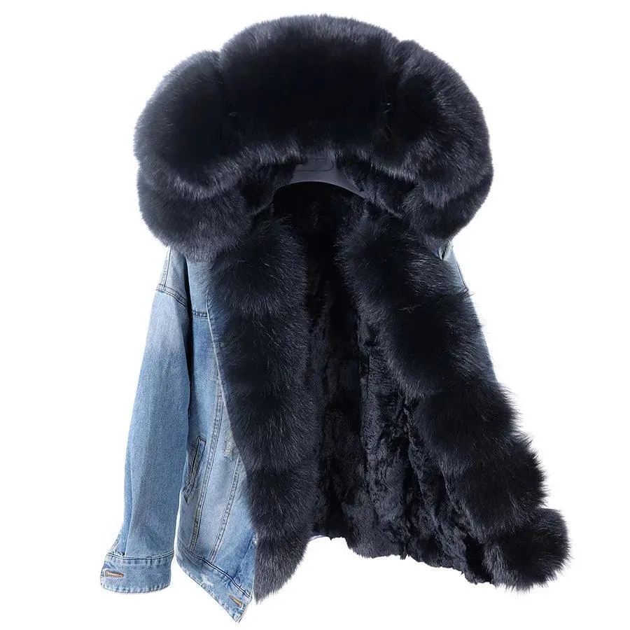 Maomaokong natural rabbit fur lined denim jacket fox fur coat fashion denim coat fox fur warm lady winter jacket women parka