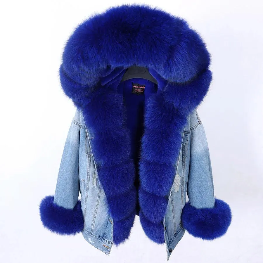 Maomaokong natural rabbit fur lined denim jacket fox fur coat fashion denim coat fox fur warm lady winter jacket women parka