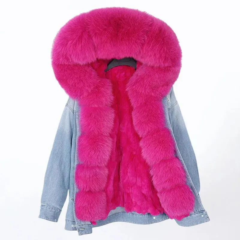 Maomaokong natural rabbit fur lined denim jacket fox fur coat fashion denim coat fox fur warm lady winter jacket women parka