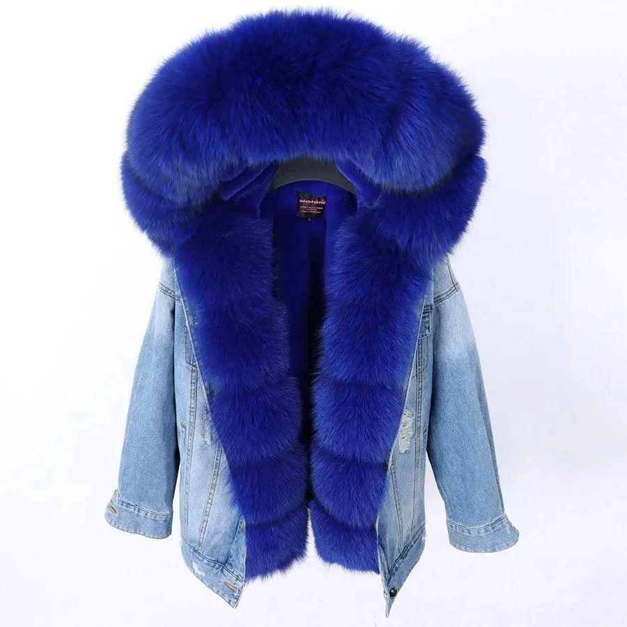 Maomaokong natural rabbit fur lined denim jacket fox fur coat fashion denim coat fox fur warm lady winter jacket women parka