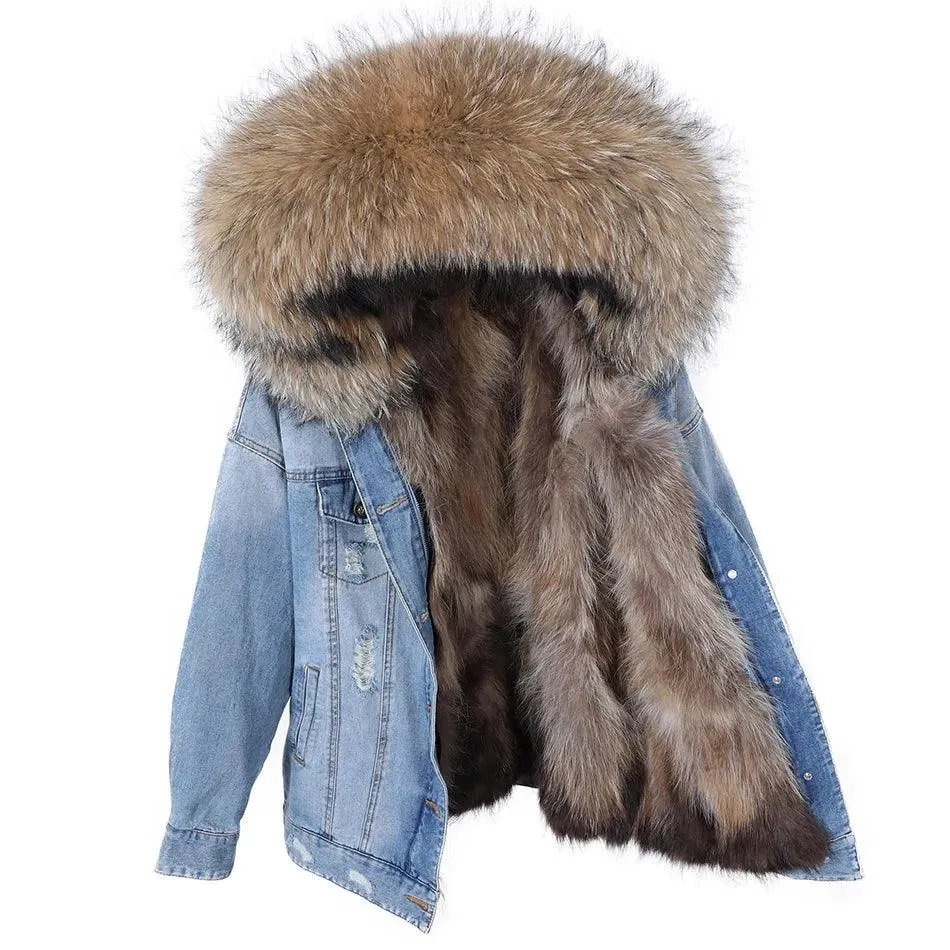 Maomaokong natural rabbit fur lined denim jacket fox fur coat fashion denim coat fox fur warm lady winter jacket women parka