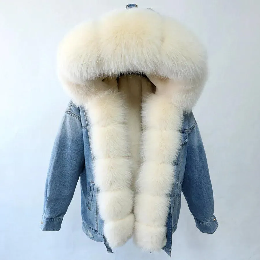 Maomaokong natural rabbit fur lined denim jacket fox fur coat fashion denim coat fox fur warm lady winter jacket women parka