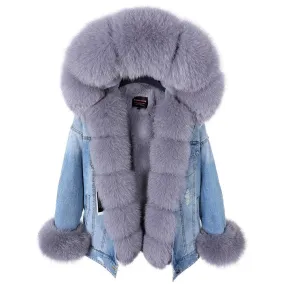 Maomaokong natural rabbit fur lined denim jacket fox fur coat fashion denim coat fox fur warm lady winter jacket women parka