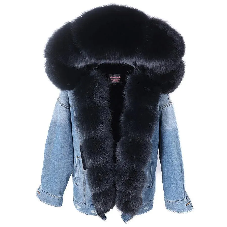 Maomaokong natural rabbit fur lined denim jacket fox fur coat fashion denim coat fox fur warm lady winter jacket women parka