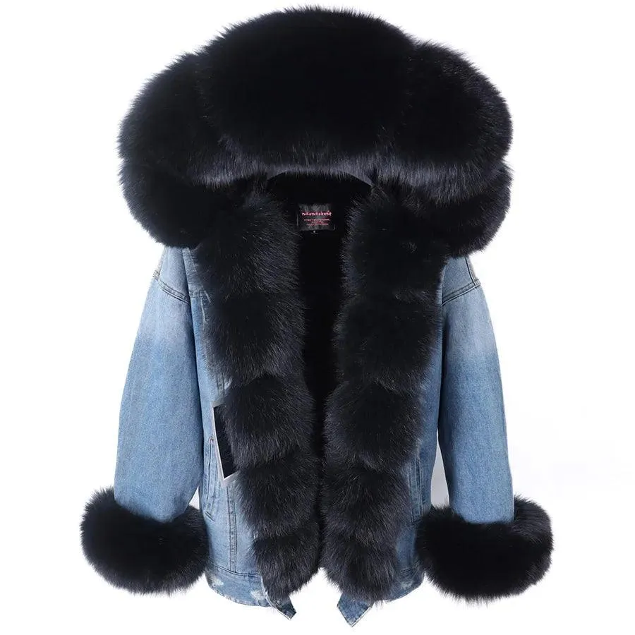 Maomaokong natural rabbit fur lined denim jacket fox fur coat fashion denim coat fox fur warm lady winter jacket women parka