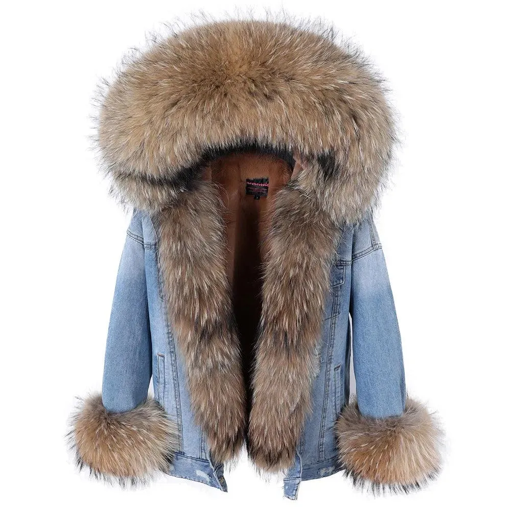 Maomaokong natural rabbit fur lined denim jacket fox fur coat fashion denim coat fox fur warm lady winter jacket women parka