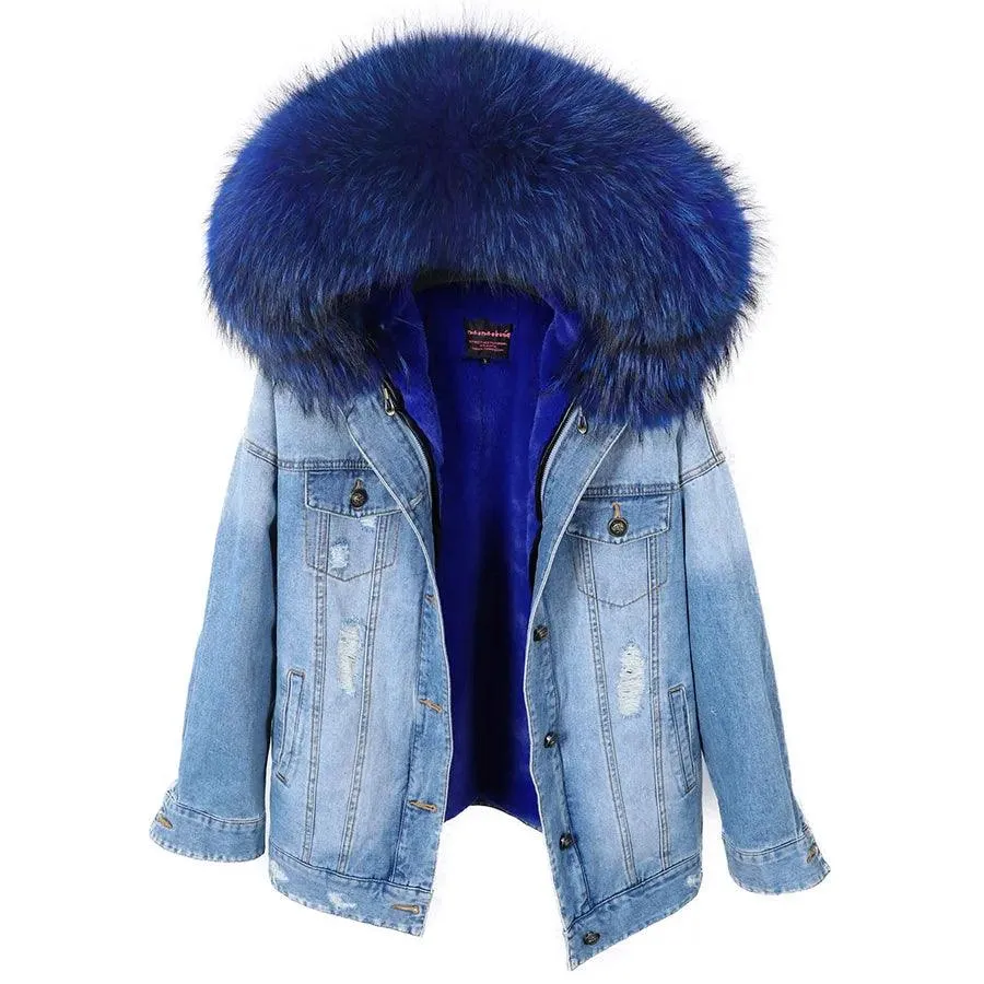 Maomaokong natural rabbit fur lined denim jacket fox fur coat fashion denim coat fox fur warm lady winter jacket women parka