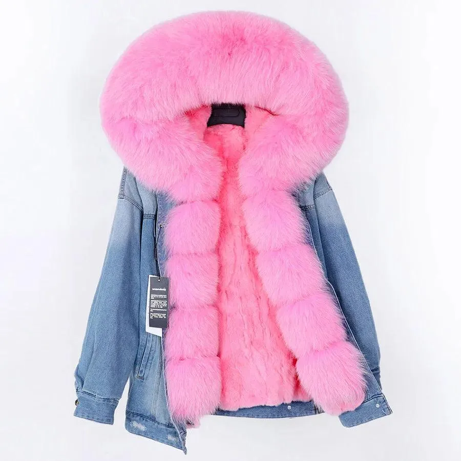 Maomaokong natural rabbit fur lined denim jacket fox fur coat fashion denim coat fox fur warm lady winter jacket women parka