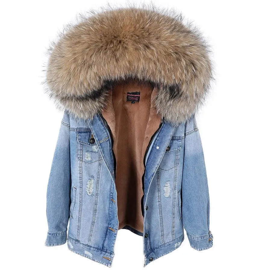 Maomaokong natural rabbit fur lined denim jacket fox fur coat fashion denim coat fox fur warm lady winter jacket women parka