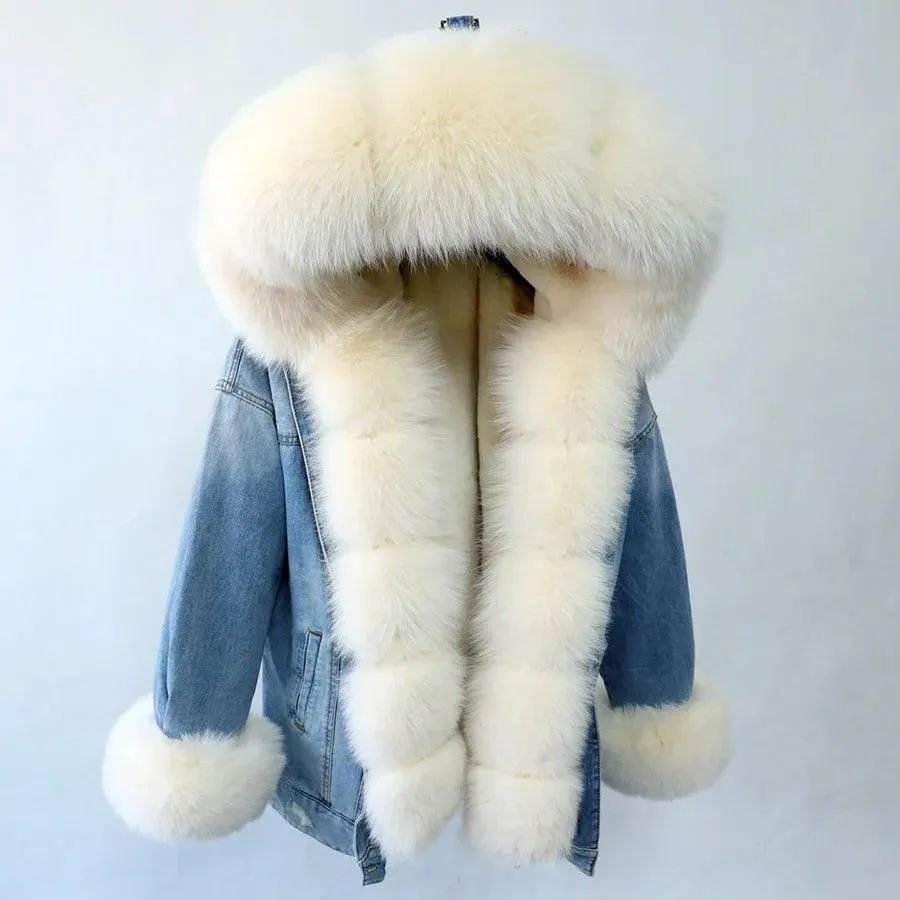 Maomaokong natural rabbit fur lined denim jacket fox fur coat fashion denim coat fox fur warm lady winter jacket women parka