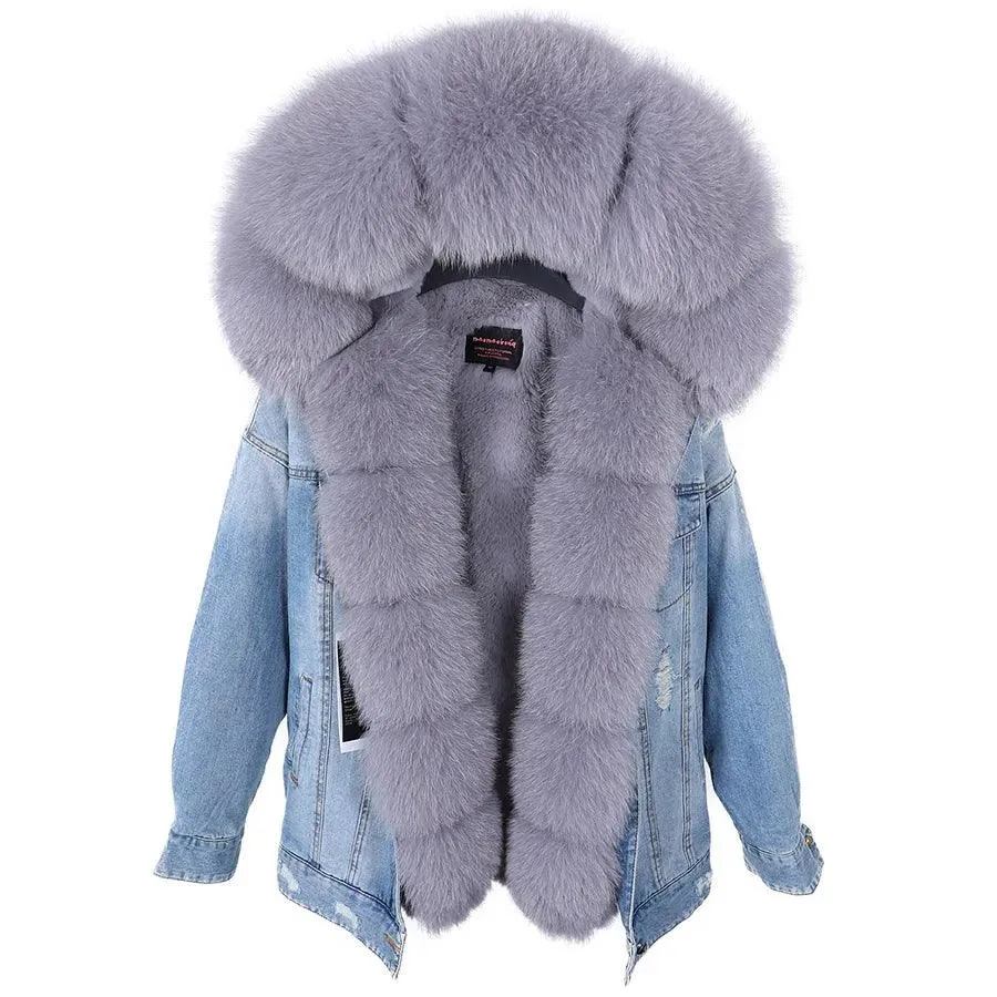 Maomaokong natural rabbit fur lined denim jacket fox fur coat fashion denim coat fox fur warm lady winter jacket women parka