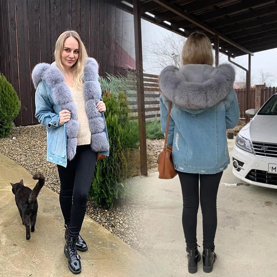 Maomaokong natural rabbit fur lined denim jacket fox fur coat fashion denim coat fox fur warm lady winter jacket women parka