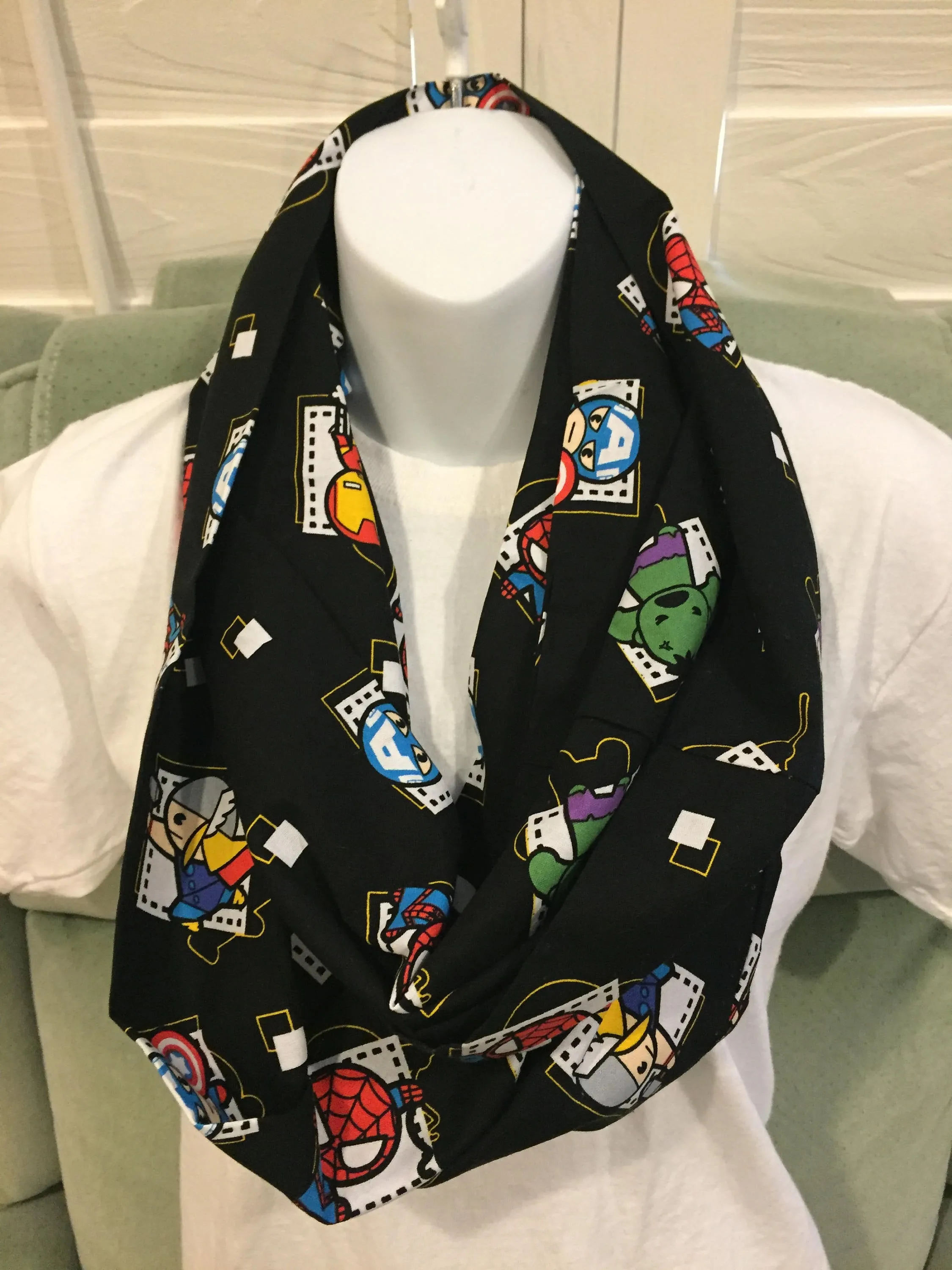 Marvel Kawaii Superheroes Infinity Scarf - Handmade Fabric Print Accessory | Comic Fans Gift | Unique Hero Fashion