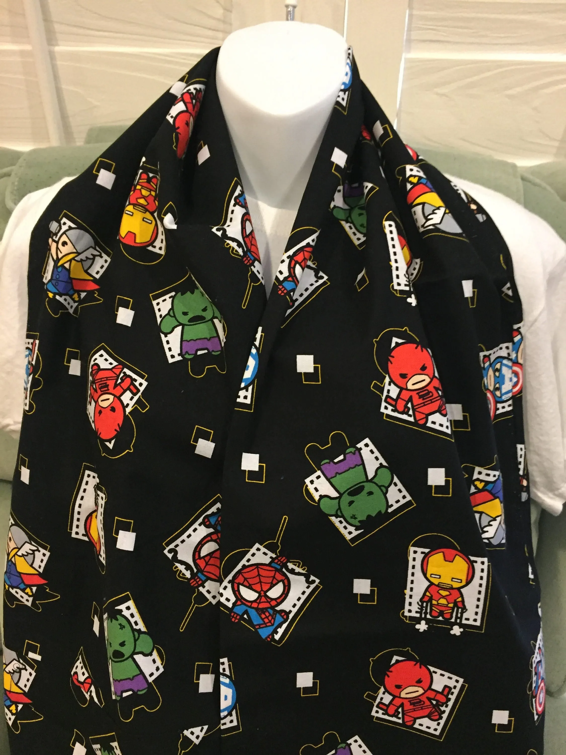 Marvel Kawaii Superheroes Infinity Scarf - Handmade Fabric Print Accessory | Comic Fans Gift | Unique Hero Fashion