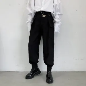 Men  Pant High Waist Wide Leg Belt Tapered Trousers Metal