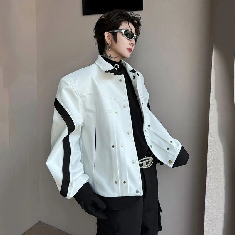 Men's Casual Jacket Coat Rivet 2024 New Fashion Turn-down Collar Single Breasted Contrast Color Male Clothing 9C5217