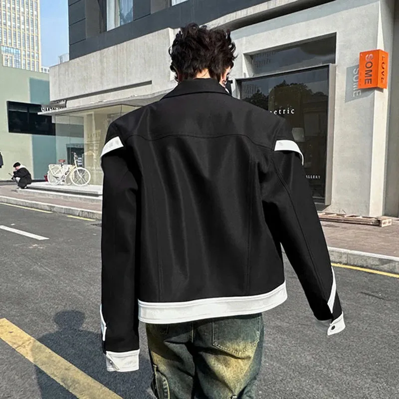 Men's Casual Jacket Coat Rivet 2024 New Fashion Turn-down Collar Single Breasted Contrast Color Male Clothing 9C5217