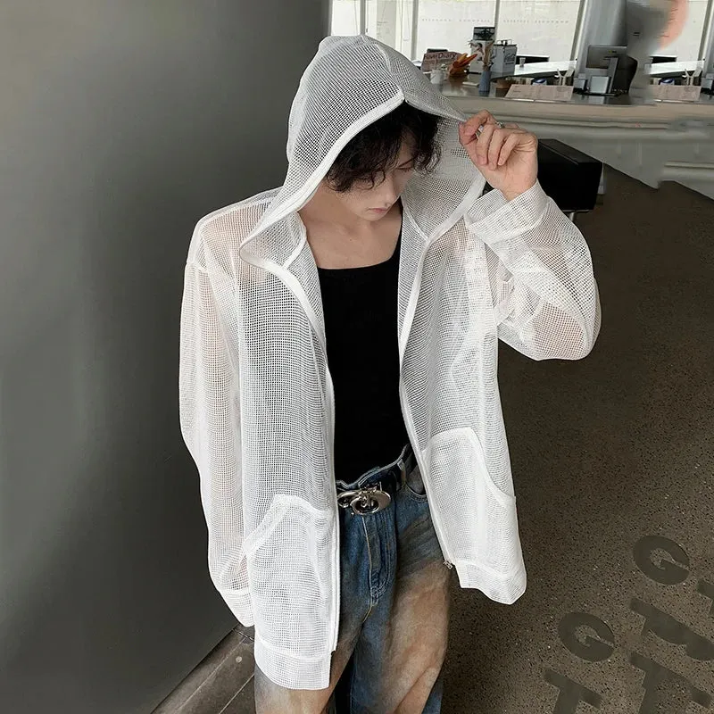 Men's Jacket Mesh Zipper Breathable Casual Sunscreen Clothing Fashion Big Pocket Design Top Chic White Tops 9C5768