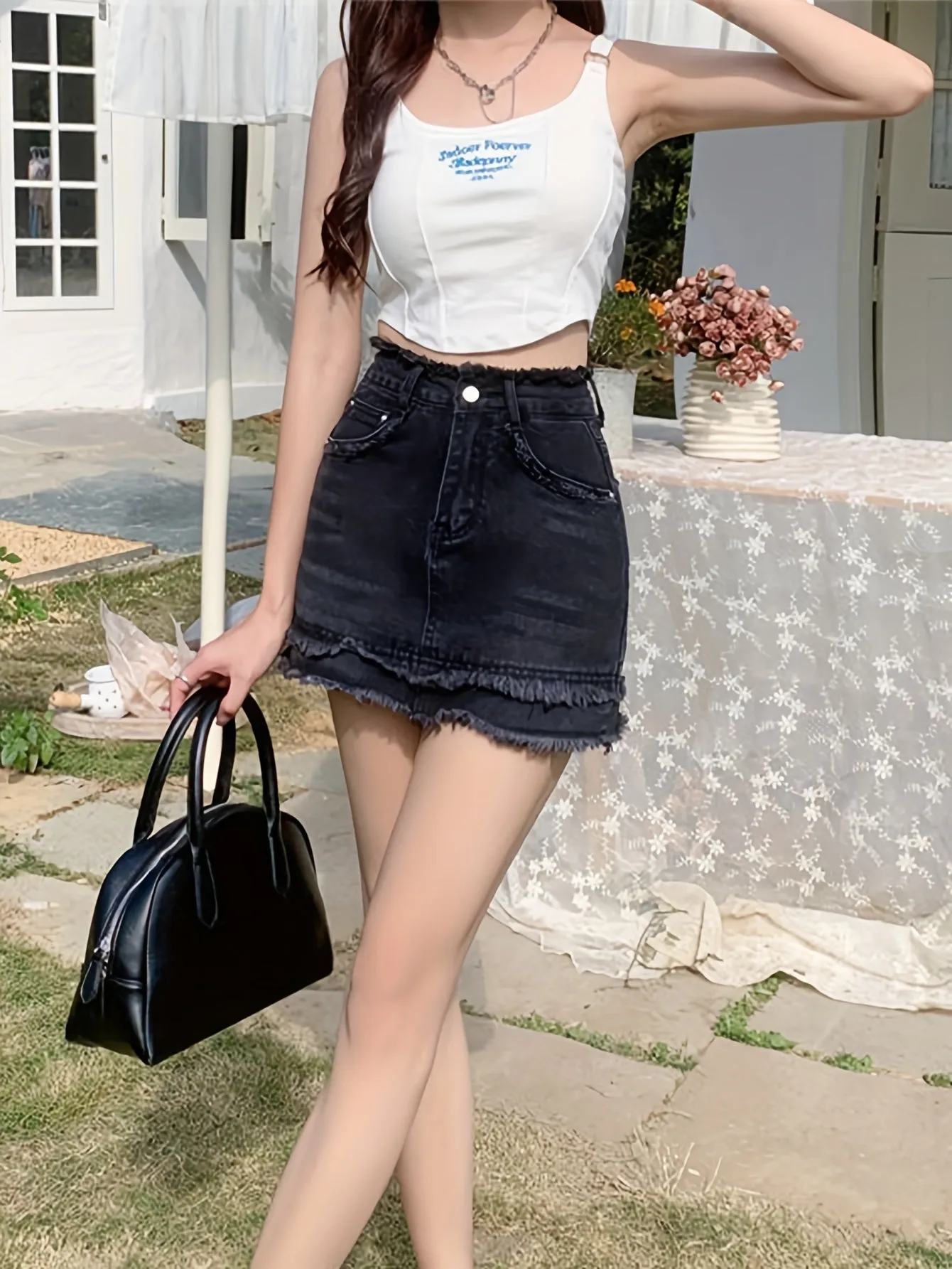 Mini Retro A-line Denim Skirt with Raw Hem and Slash Pocket - Stylish Womens Denim Clothing for Casual Daily Wear - High-Quality Fabric, Comfortable Fit, and Classic Design