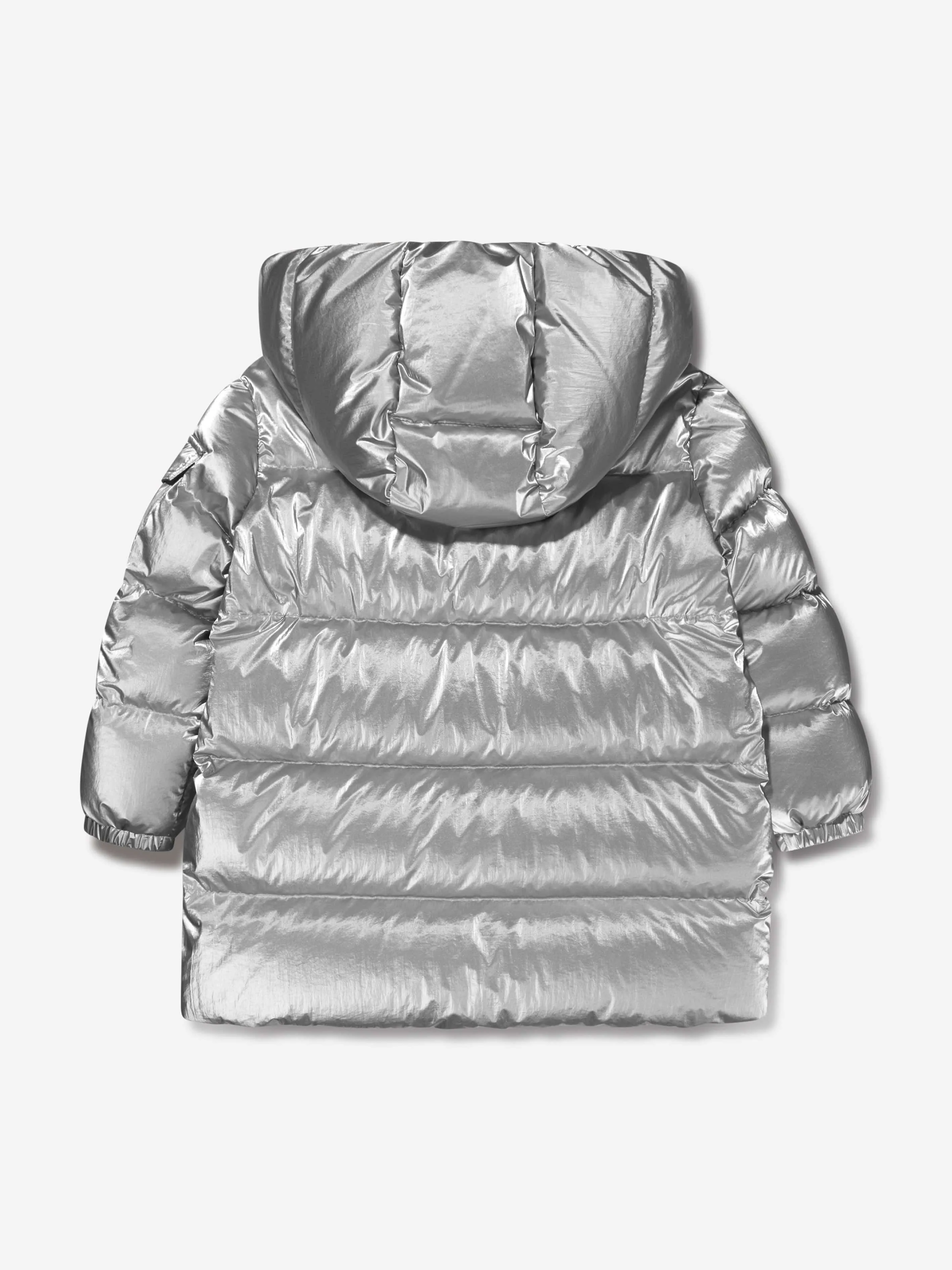 Moncler Enfant Girls Down Padded Amra Long Parka in Silver