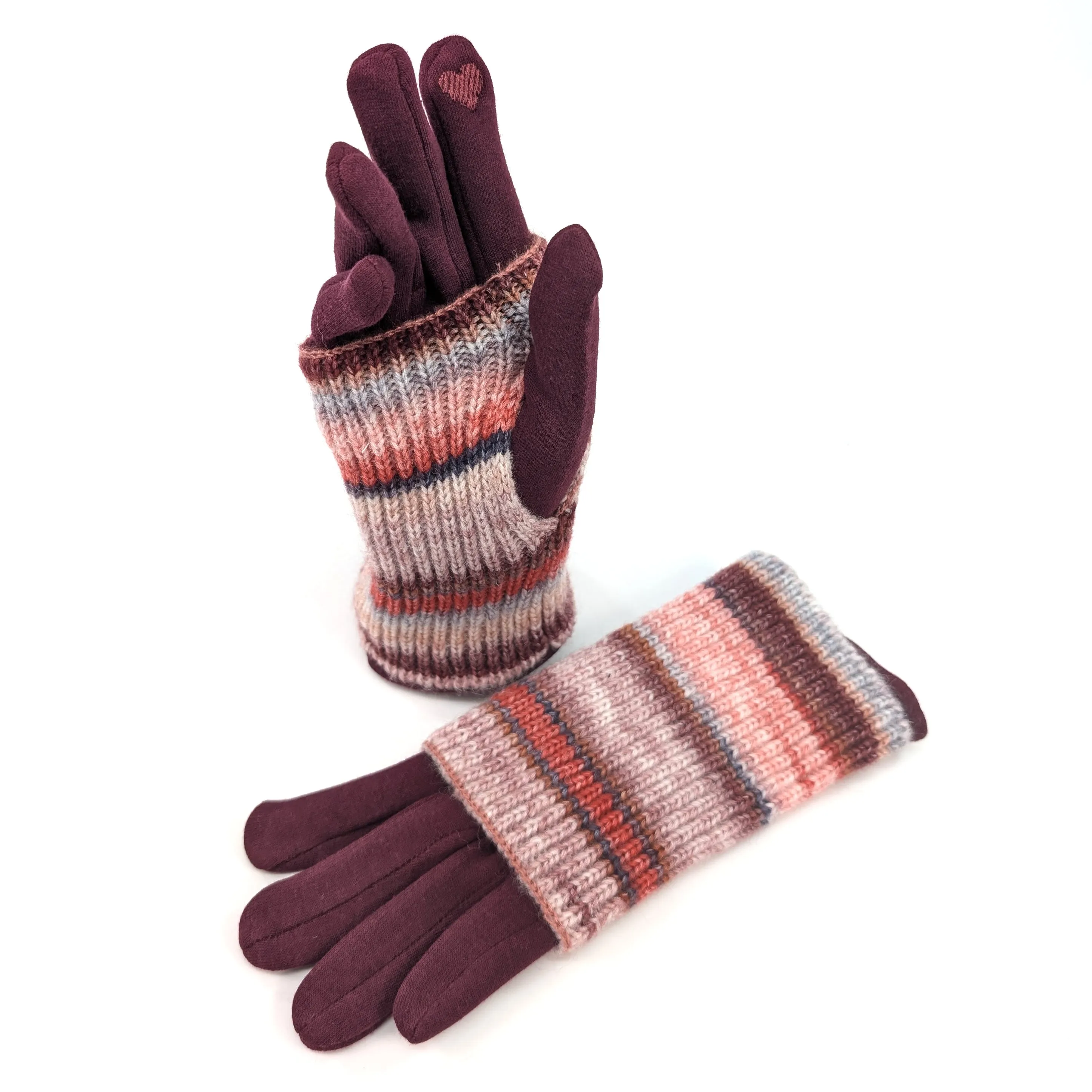 Multi Striped Two in One Gloves - Sangria Red