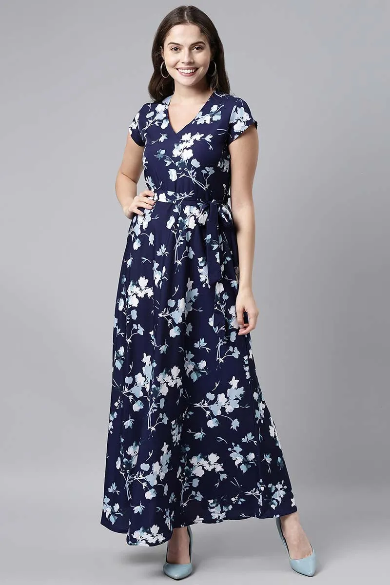 Navy Blue Georgette Floral Print Maxi Dress