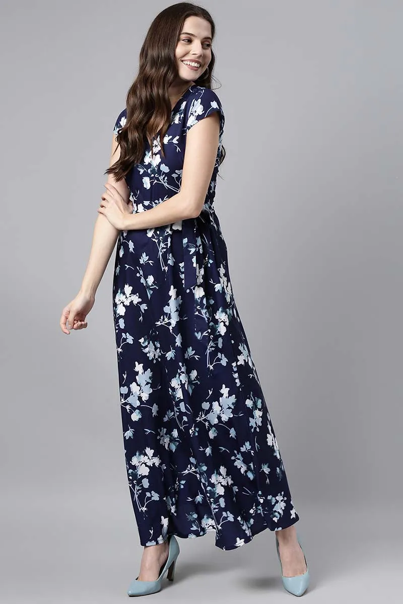 Navy Blue Georgette Floral Print Maxi Dress