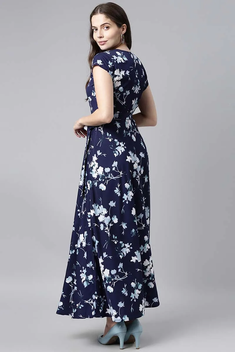 Navy Blue Georgette Floral Print Maxi Dress