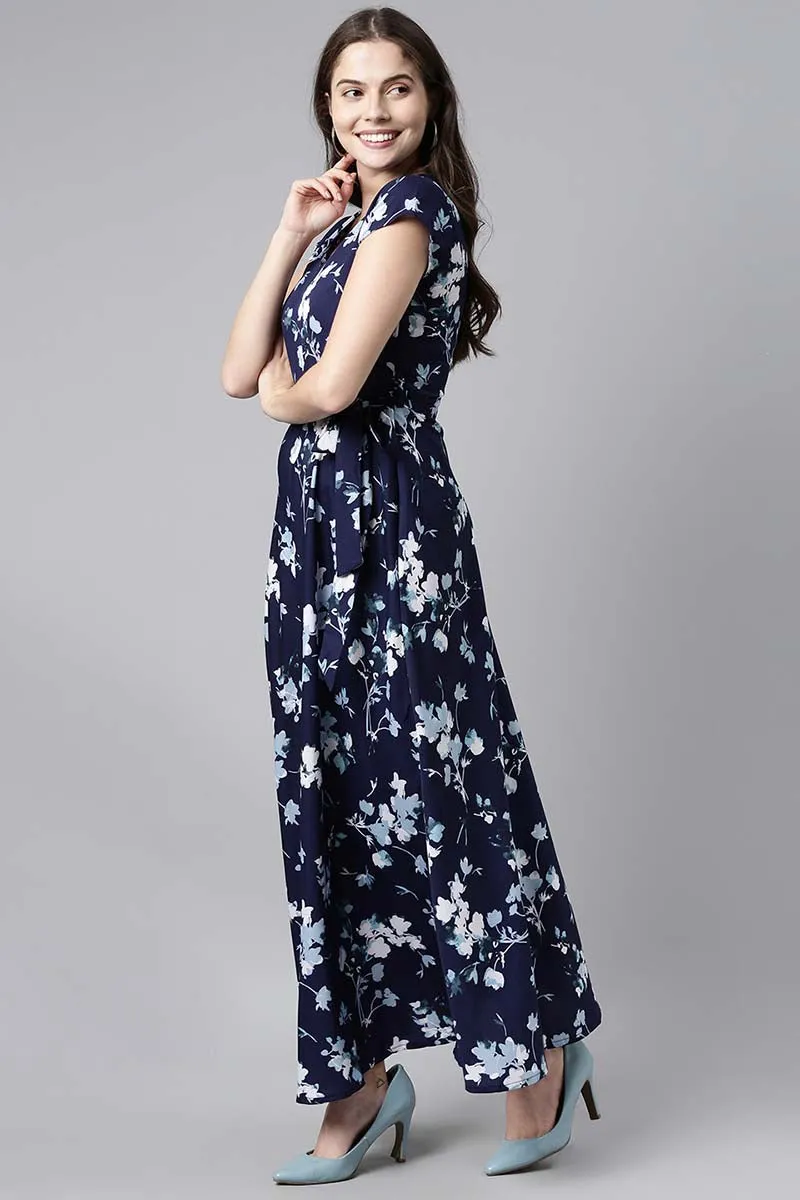 Navy Blue Georgette Floral Print Maxi Dress