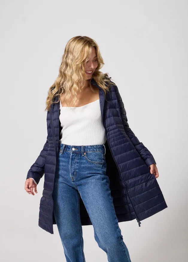 Navy Duck Down Midi Puffer Coat