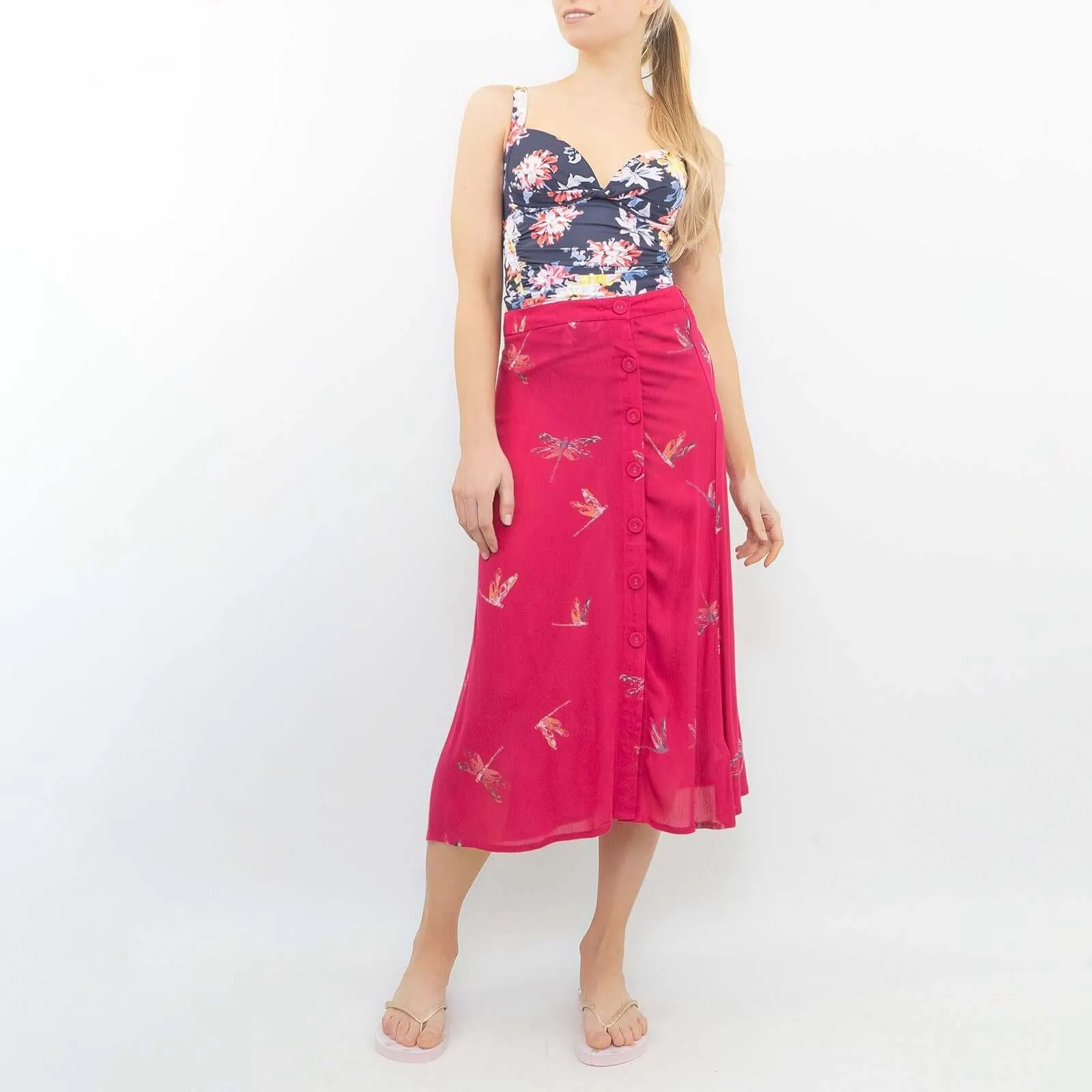 Next Dragonfly Pink Lightweight A Line Midi Skirt