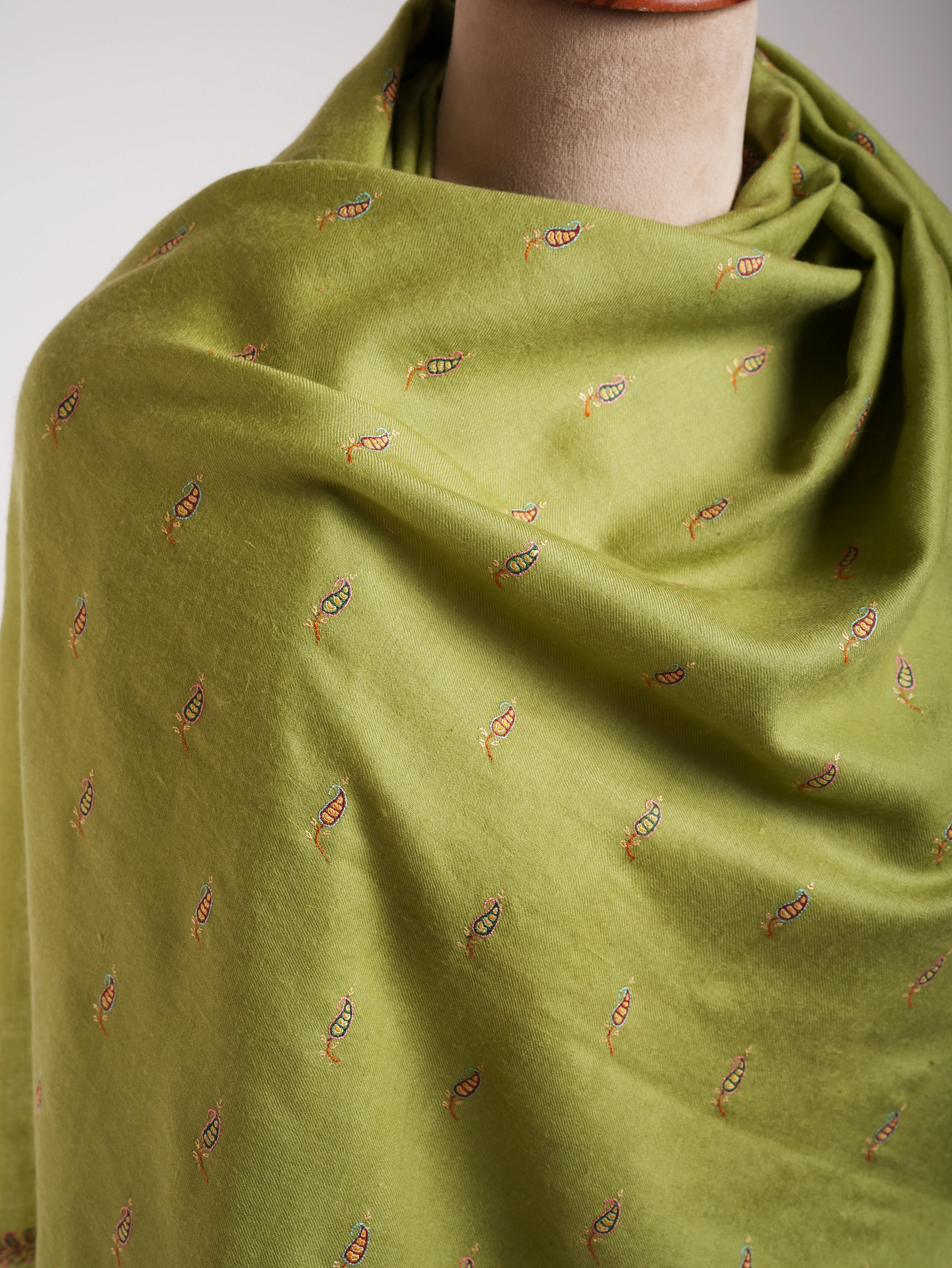 Olive Green Paisley Buteh Silk Embroidered Pashmina Shawl