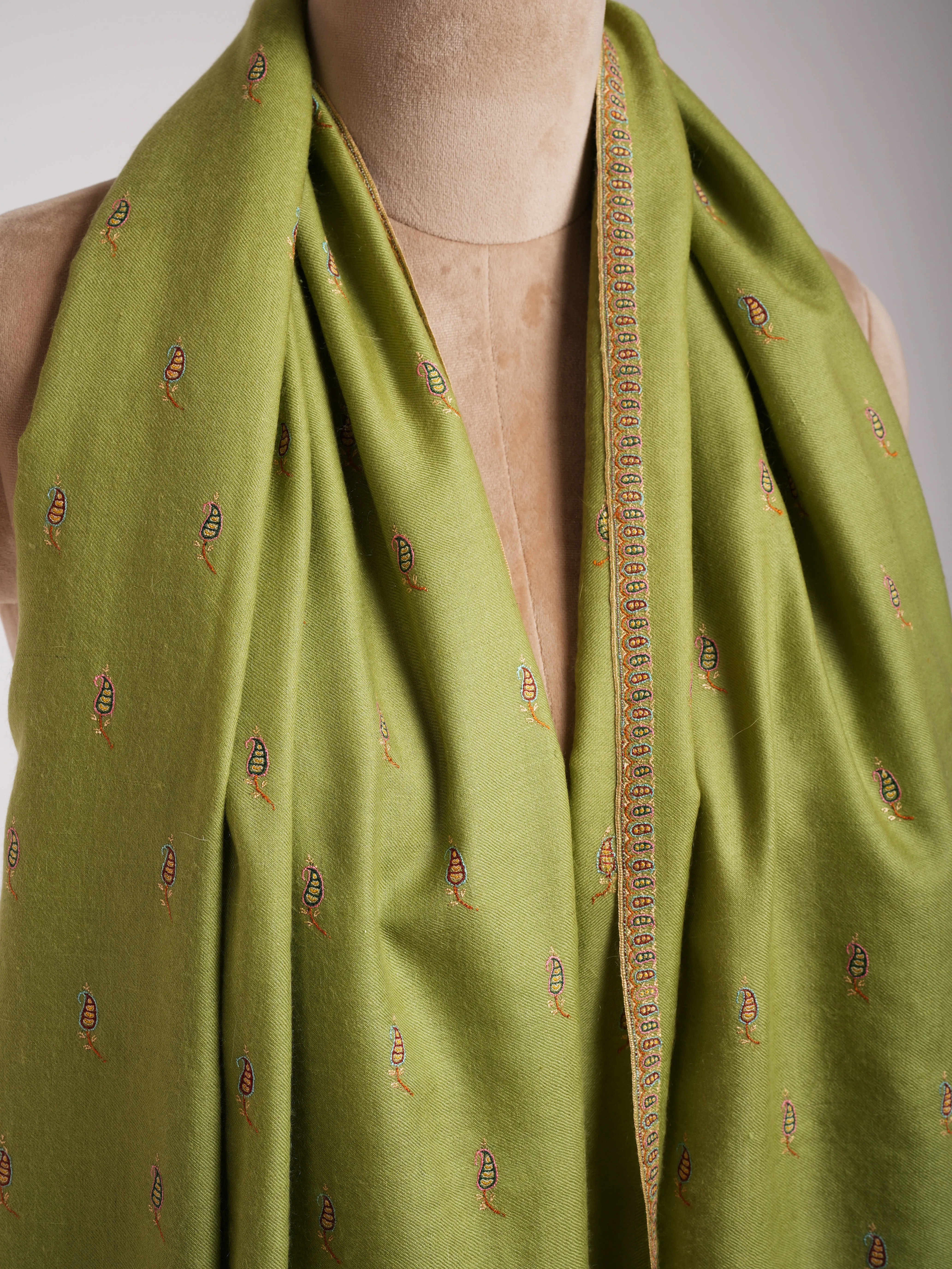 Olive Green Paisley Buteh Silk Embroidered Pashmina Shawl