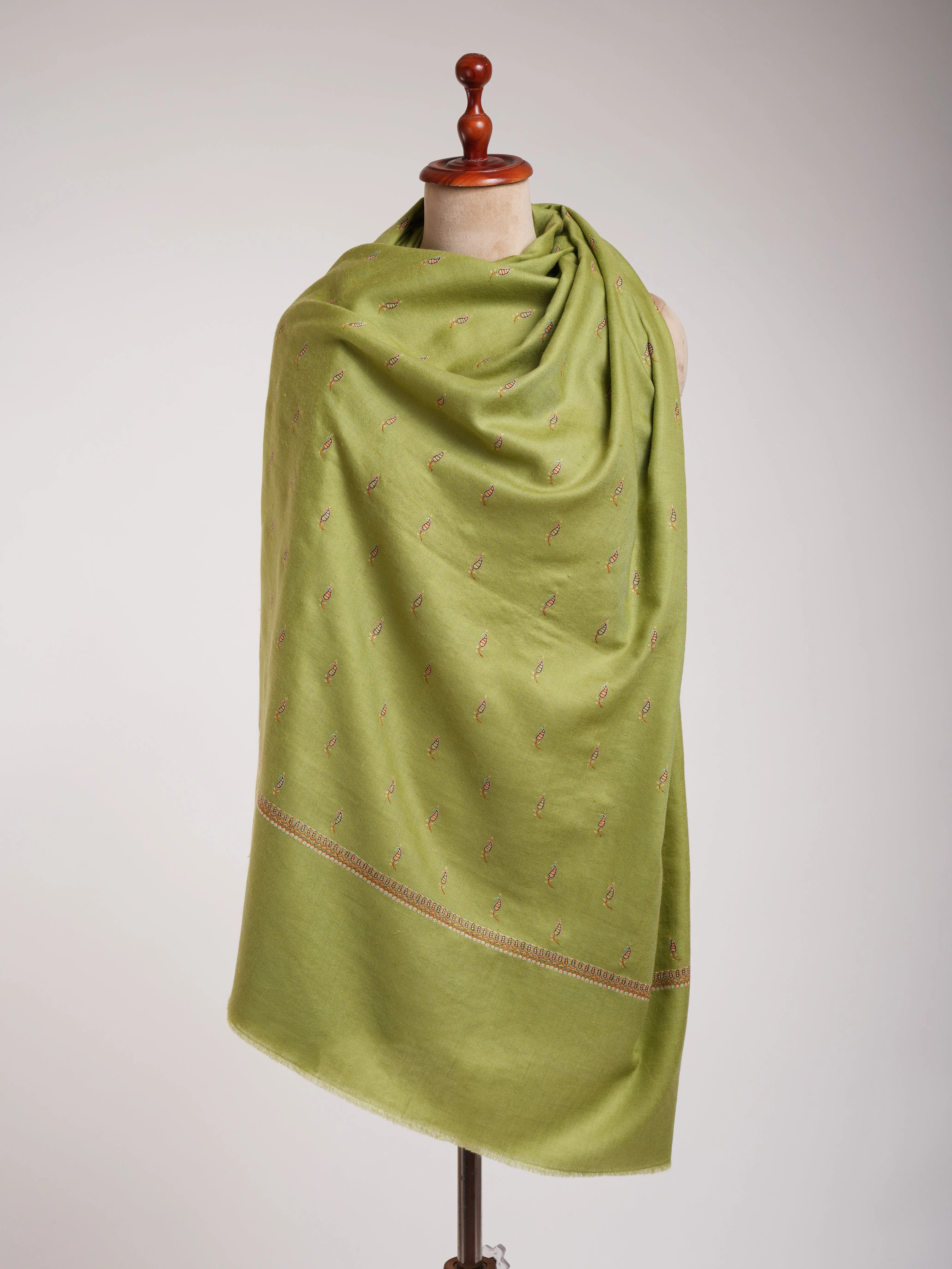 Olive Green Paisley Buteh Silk Embroidered Pashmina Shawl