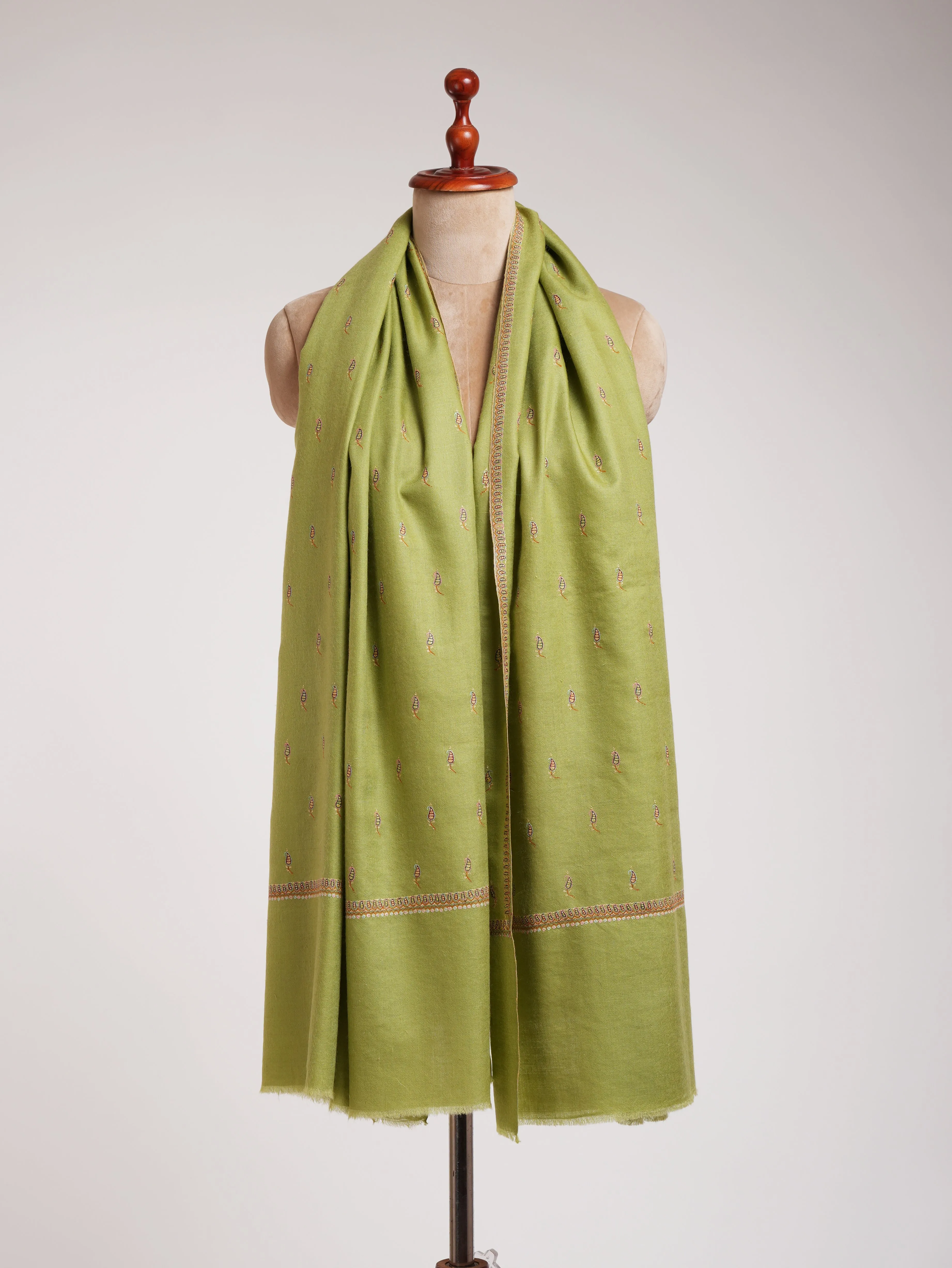 Olive Green Paisley Buteh Silk Embroidered Pashmina Shawl