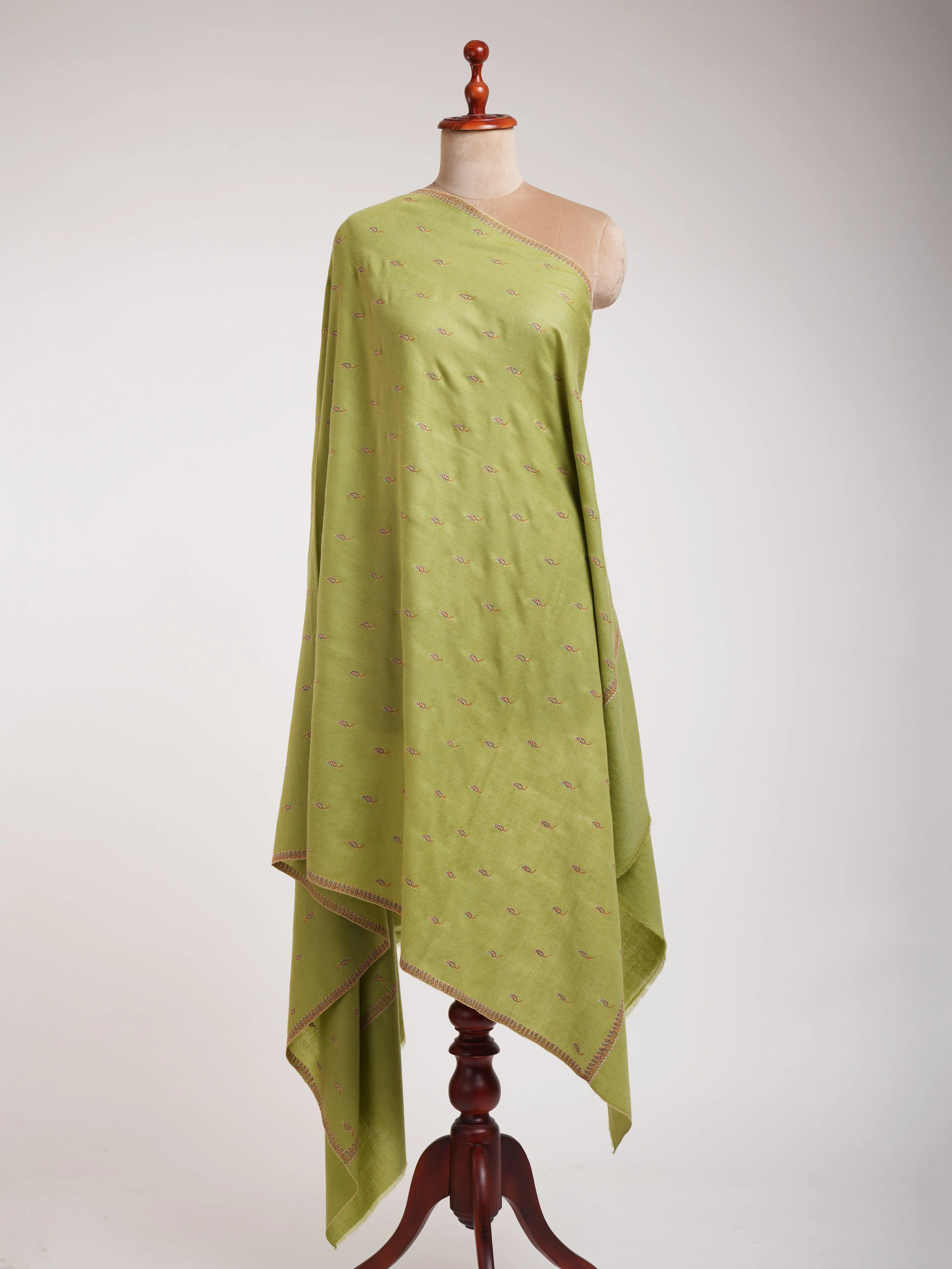 Olive Green Paisley Buteh Silk Embroidered Pashmina Shawl