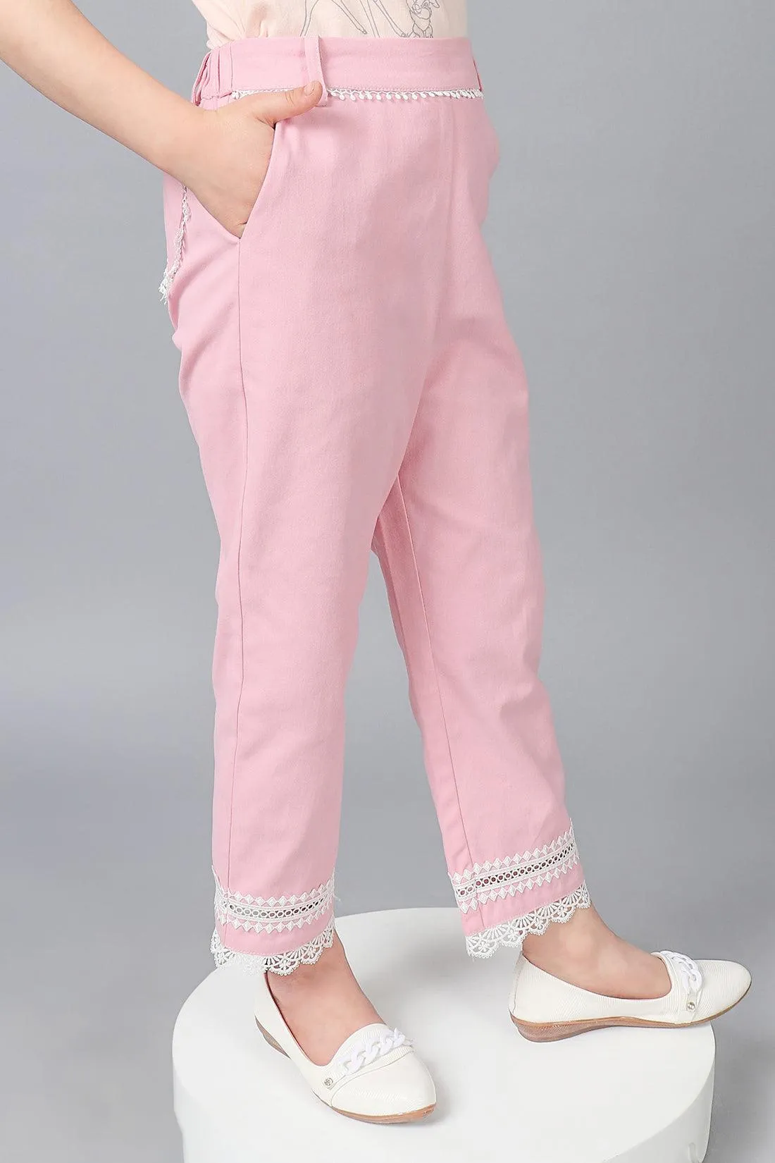 One Friday Kids Girls Pink Cotton Laced Trouser