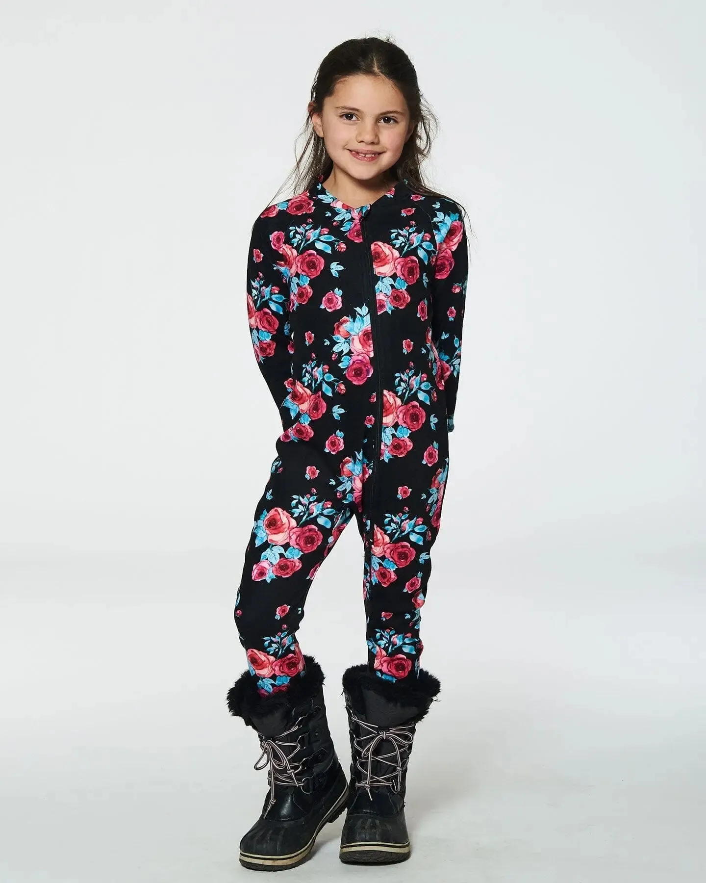 One Piece Thermal Underwear Black Printed Roses