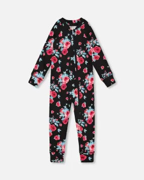 One Piece Thermal Underwear Black Printed Roses